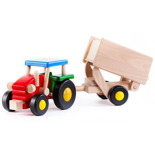 Tracteur en bois avec multi-couleurs avec remorque forestière, jouet artisanal durable