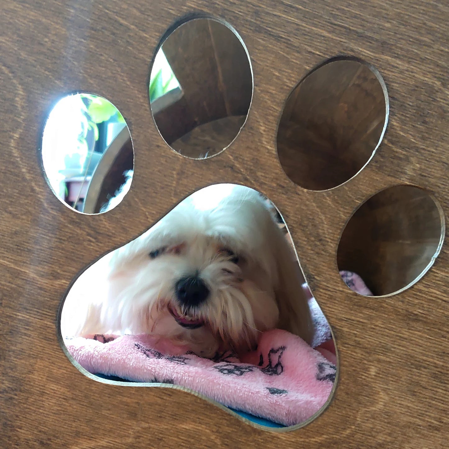 Niche pour chien en bois fait main en forme de tonneau