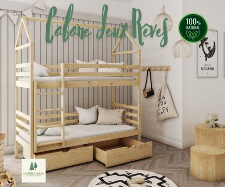 Lit cabane double NICO 140x200 en bois massif avec sommier, refuge sécurisé pour enfant - La Cabane à Loulous