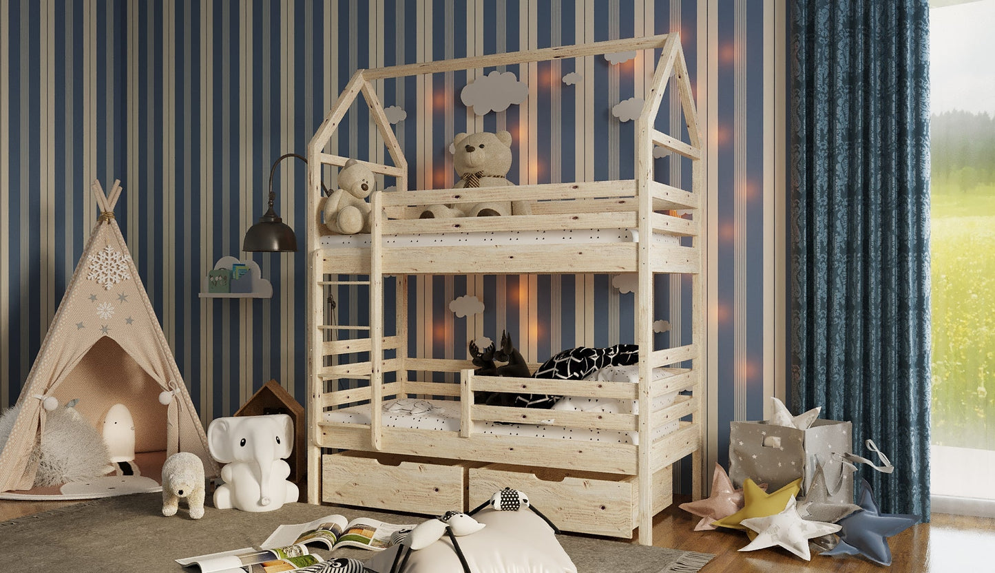 Lit cabane double NICO 140x200 en bois massif avec sommier, refuge sécurisé pour enfant - La Cabane à Loulous
