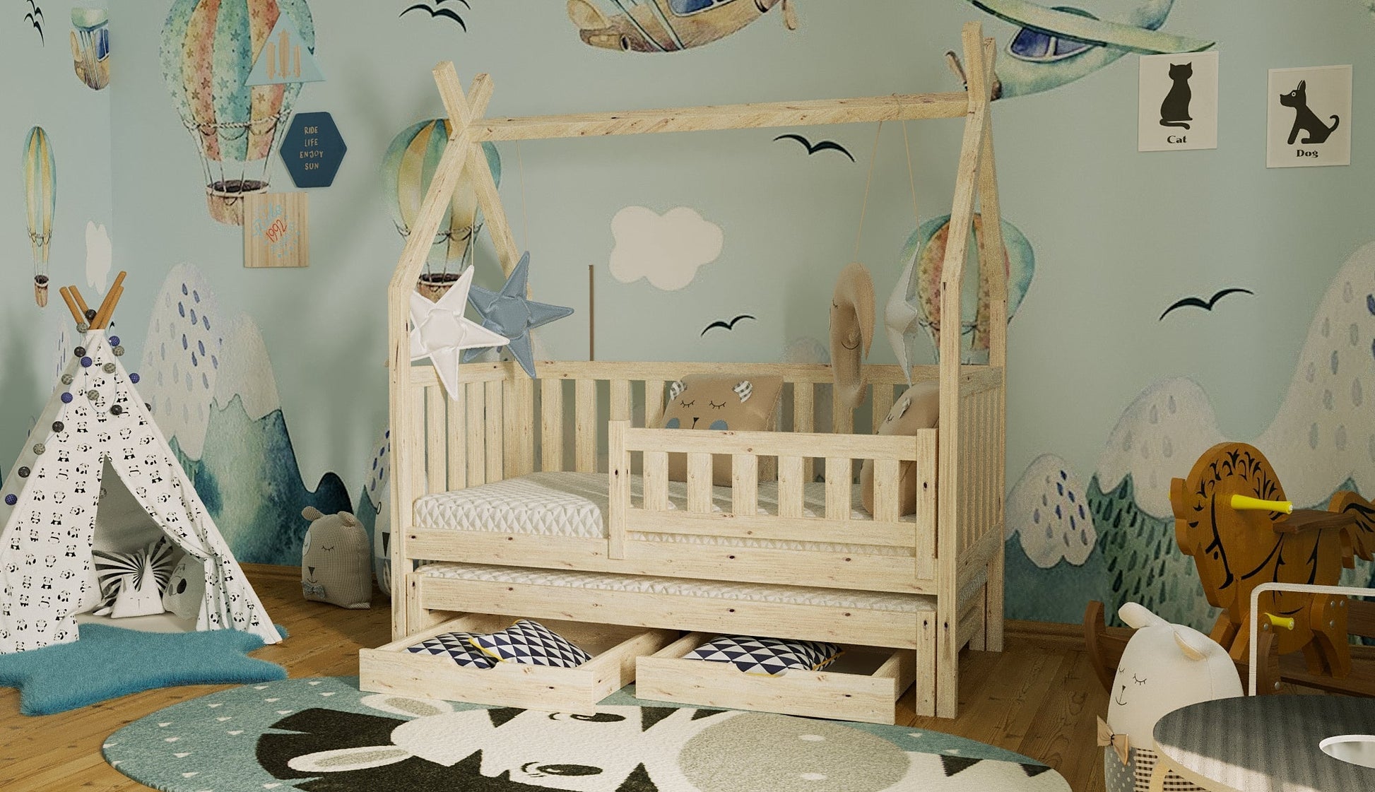 Lit Cabane double Tipi en bois massif – Inspiration Montessori – - La Cabane à Loulous