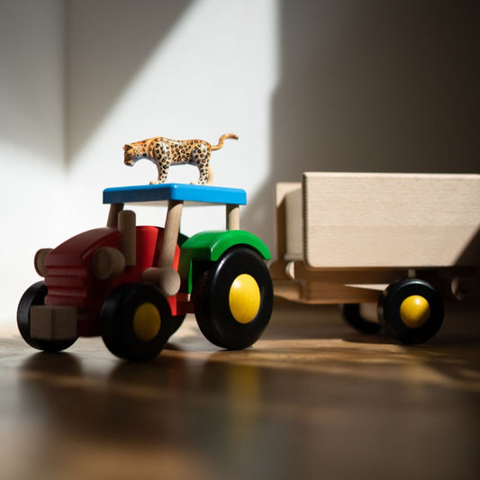 Tracteur en bois avec multi-couleurs avec remorque forestière, jouet artisanal durable