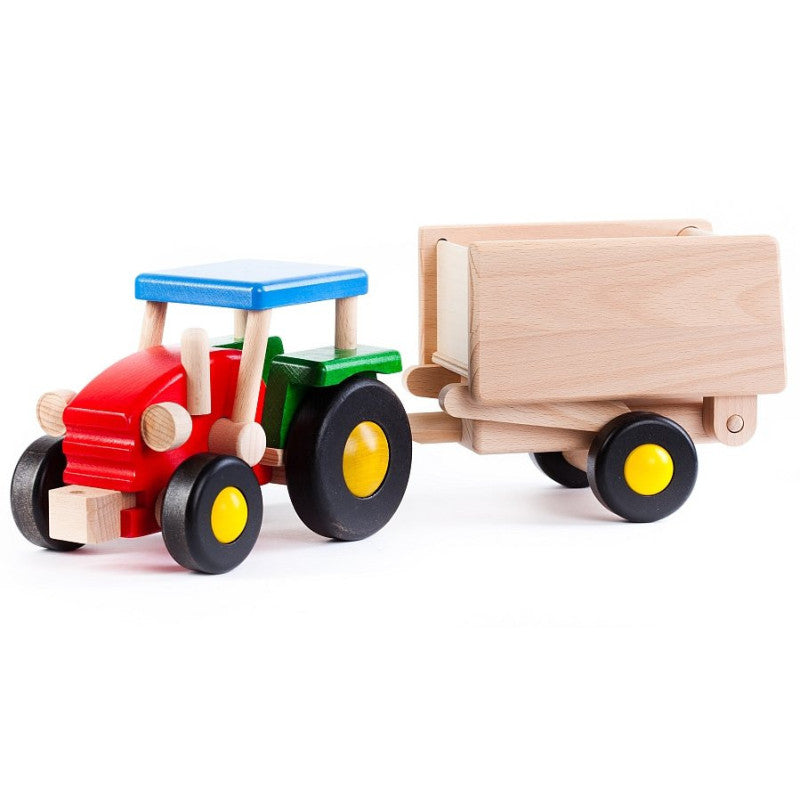 Tracteur en bois avec multi-couleurs avec remorque forestière, jouet artisanal durable